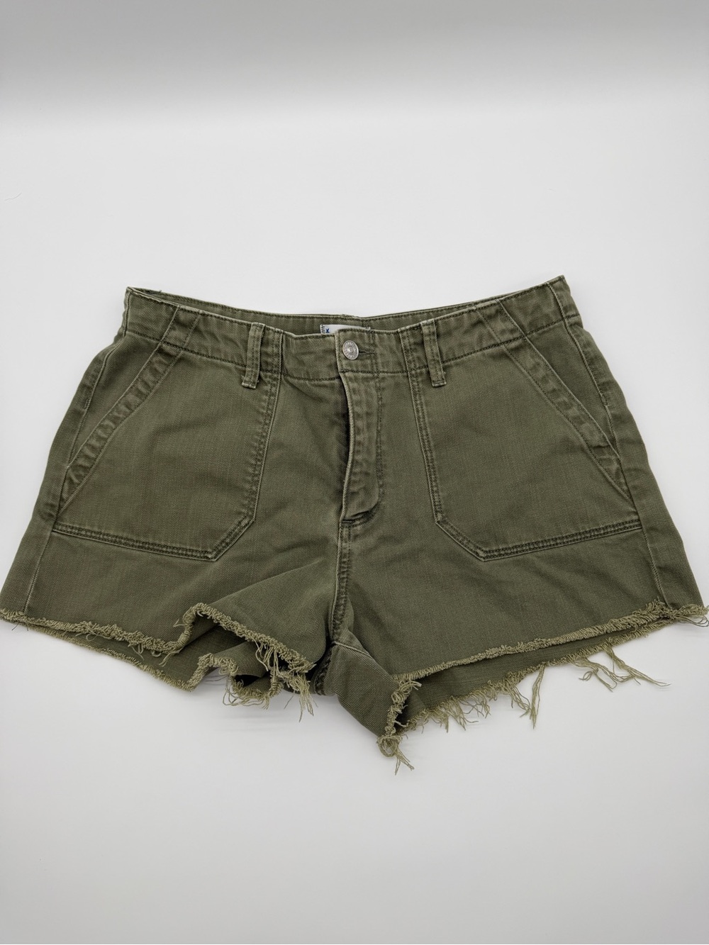 Olive Military Green Cutoff Cargo High Rise Distressed Shorts Raw Hem Size 31